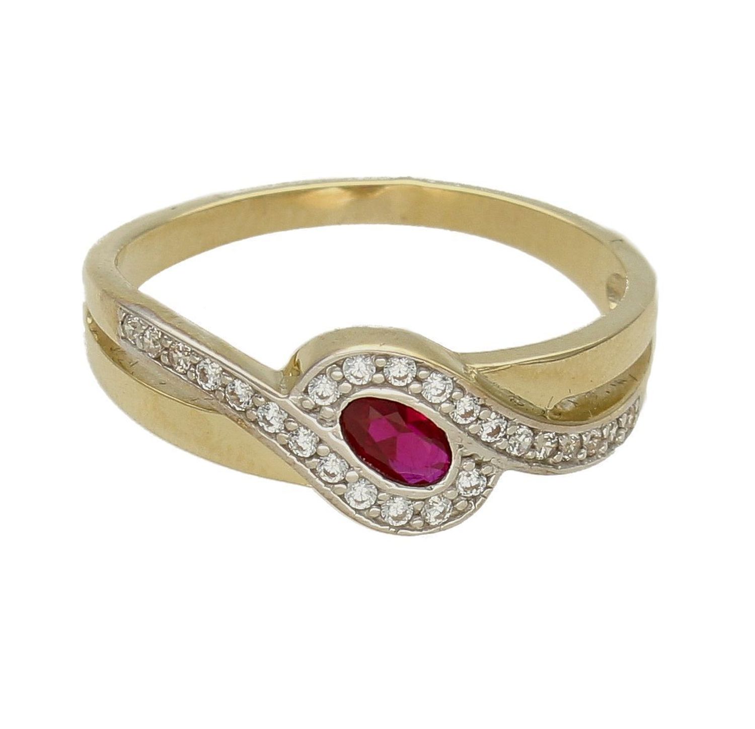 Złoty pierścionek 333 z czerwoną cyrkonią PI 6049E 333.  Złoty pierścionek ozdobiony pasmem cyrkonii. Piękny pierścionek złoty. Pierścionek złoty z czerwoną cyrkonią. Na prezent, na zaręczyny, na rocznicę (1).jpg